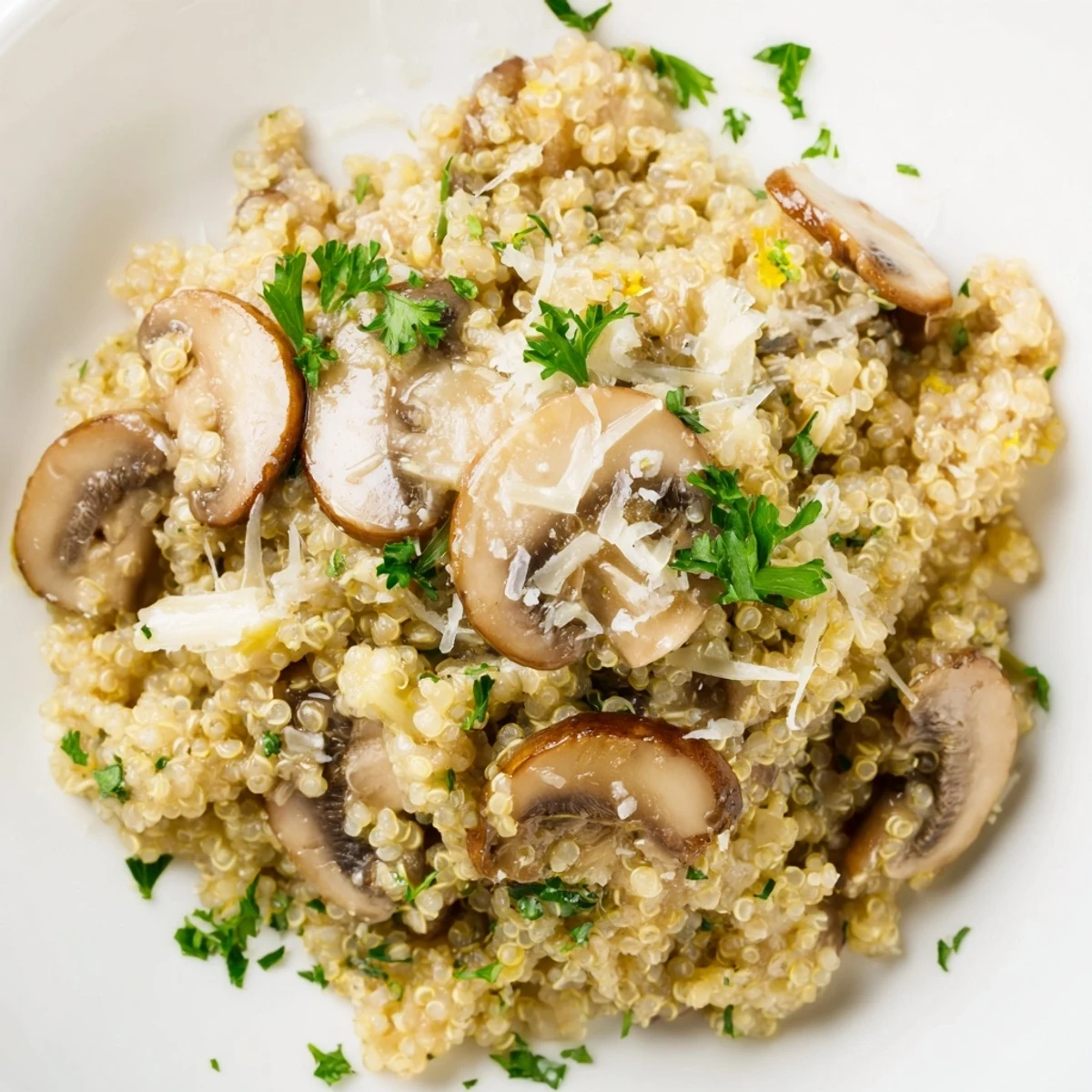 Creamy Mushroom Quinoa Risotto, a comforting vegetarian dish, ready to eat with fresh parsley.