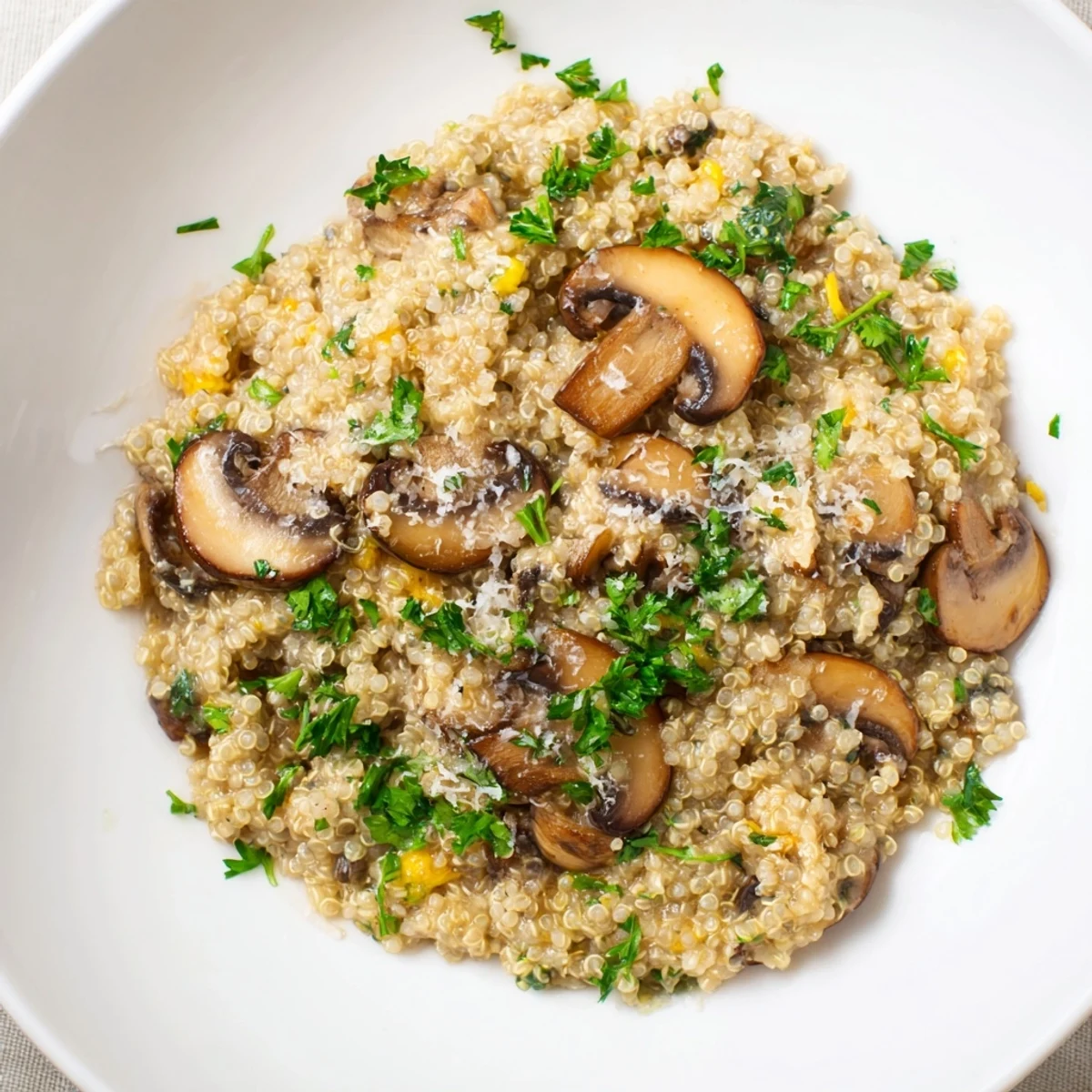 A close-up of Mushroom Quinoa Risotto, showcasing the creamy texture and earthy mushrooms with Parmesan.