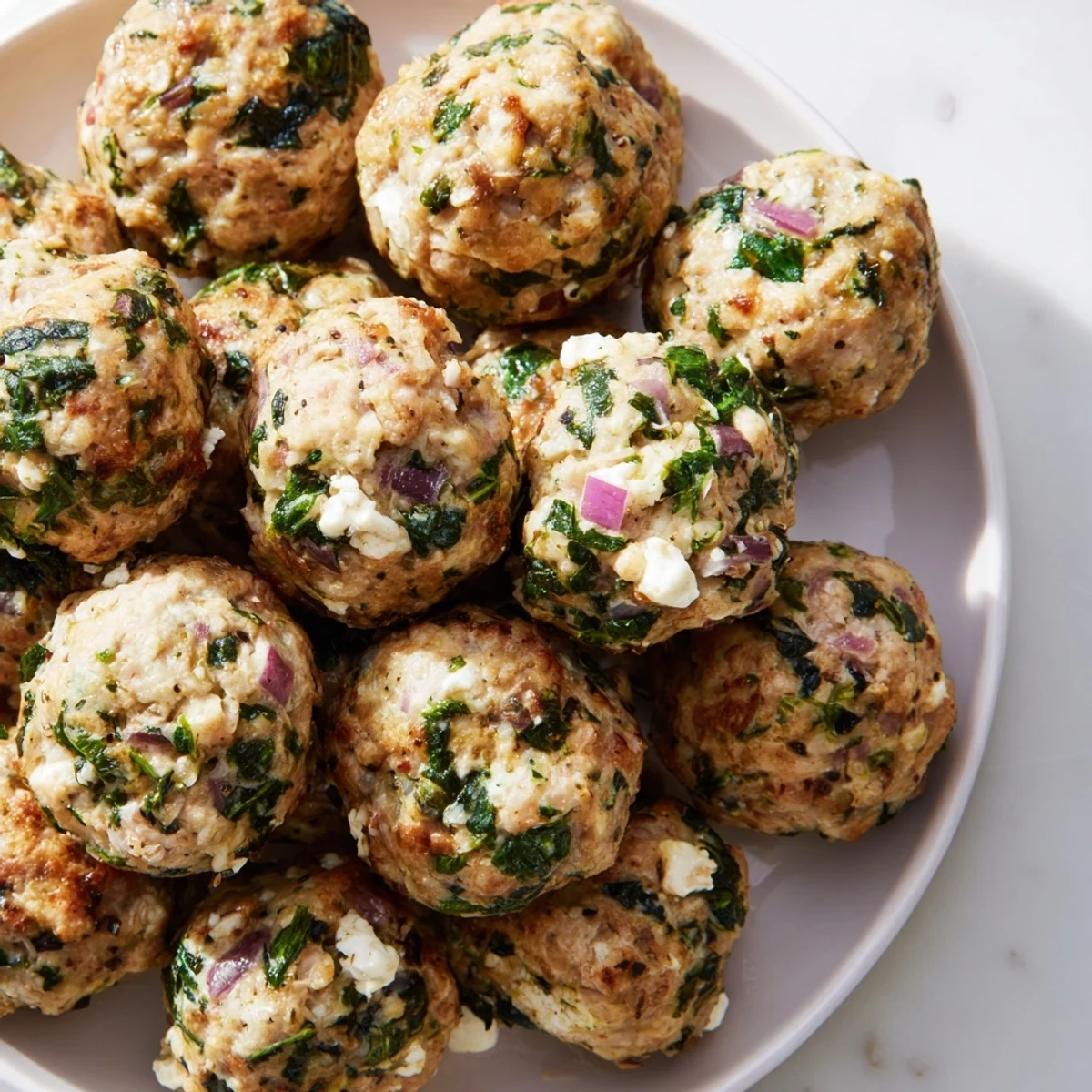 A close-up of baked Spinach Feta Turkey Meatballs showcasing the savory flavors and delightful texture.