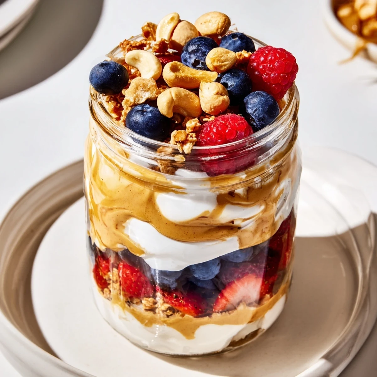 Cashew Butter Yogurt Parfait layered with vibrant berries and crunchy granola—a delicious breakfast treat.