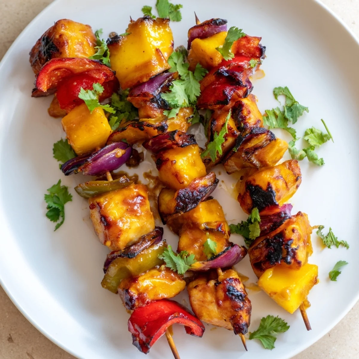 Juicy Mango Lime Chicken Skewers, grilled to perfection, with colorful peppers and onions, ready to be enjoyed.