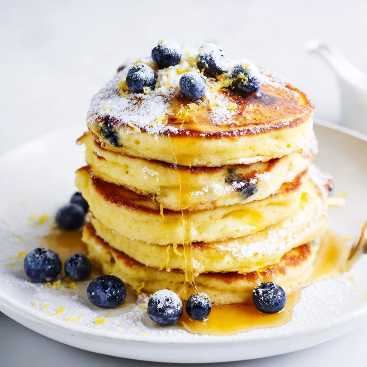 Golden-brown lemon ricotta pancakes topped with fresh berries, ready for a delicious brunch.