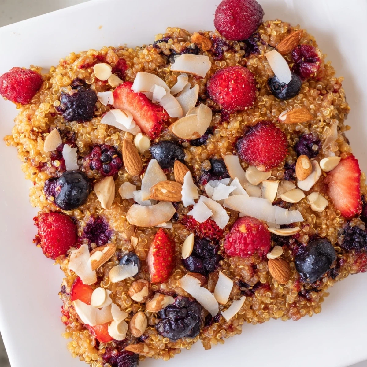 Golden, bubbly Berry Quinoa Breakfast Bake, perfect with crunchy nuts for a delicious meal.