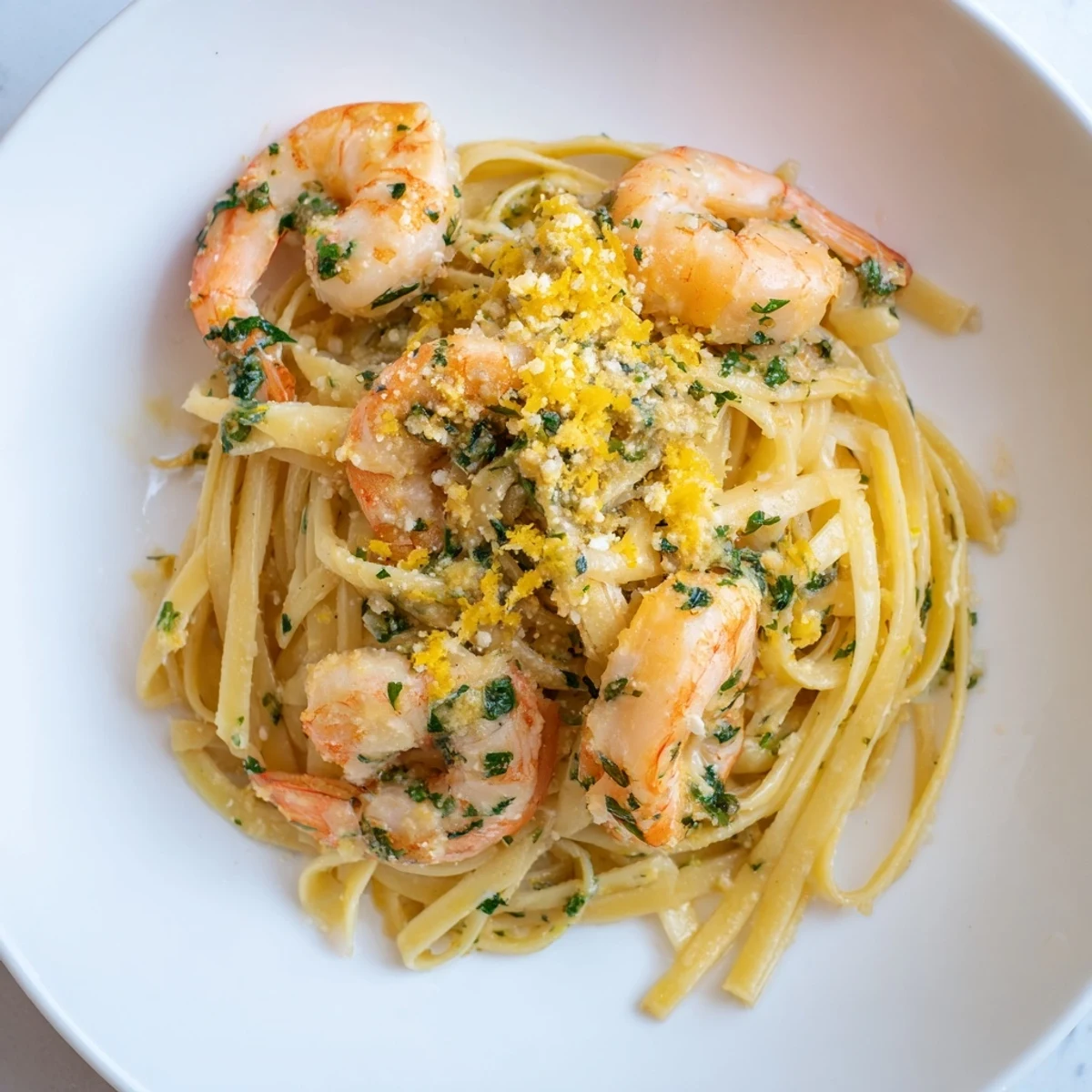 A bowl of fresh Lemon Herb Pasta with Shrimp, served with a lemon wedge garnish.