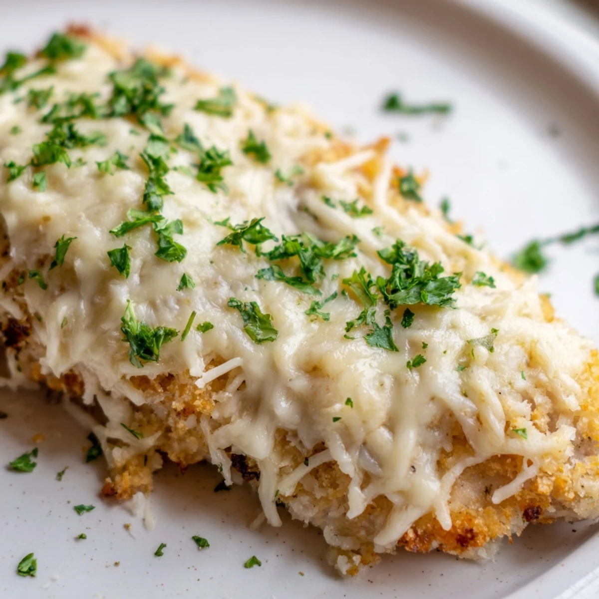 Cheesy baked chicken breast with melted cheddar and mozzarella, ready to serve with crispy golden breadcrumbs.