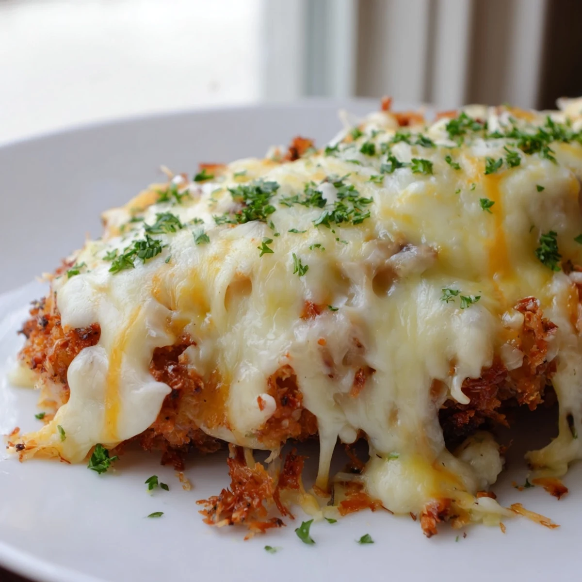 A close-up of a cheesy baked chicken breast, perfectly browned, oozing cheese, and sprinkled with parsley.
