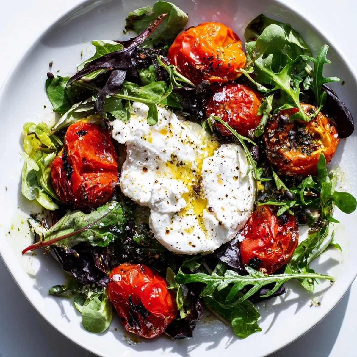 Close-up of a colorful charred tomato salad; ripe tomatoes, creamy burrata, and fresh basil adorn a plate.