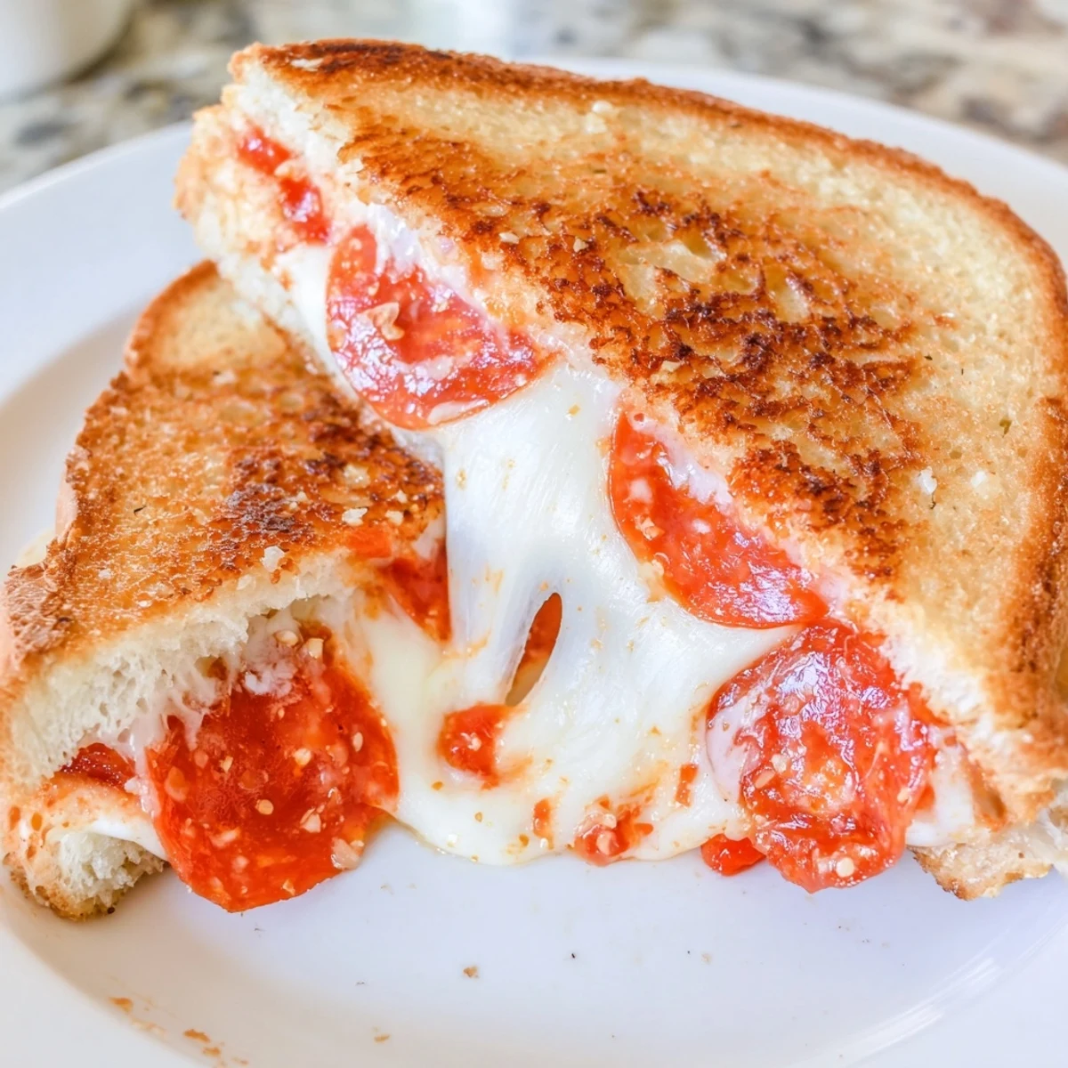Golden-brown Pizza Grilled Cheese sandwich, oozing melted mozzarella cheese, ready to be enjoyed.