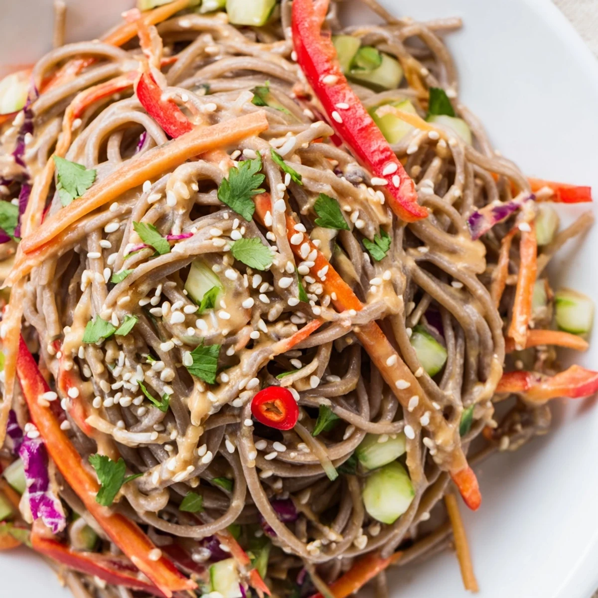 Vibrant soba noodle salad with colorful vegetables and a creamy sesame-peanut dressing, ready to eat.