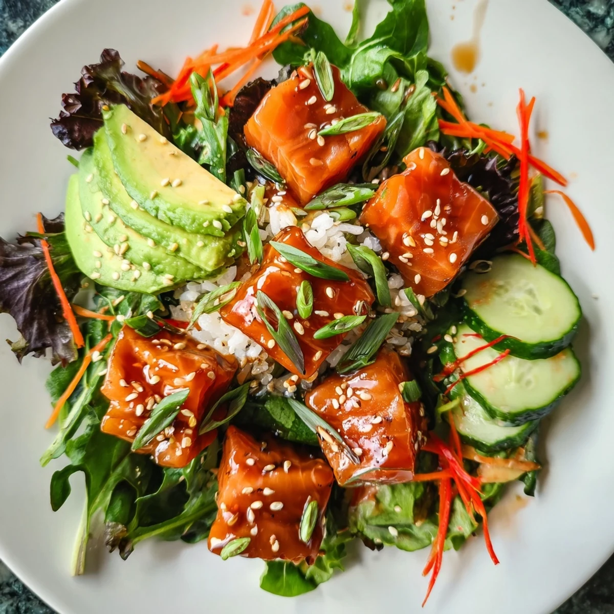 Fresh salmon Poke Bowl Salad, glistening with a vibrant soy-ginger marinade and sesame seeds.