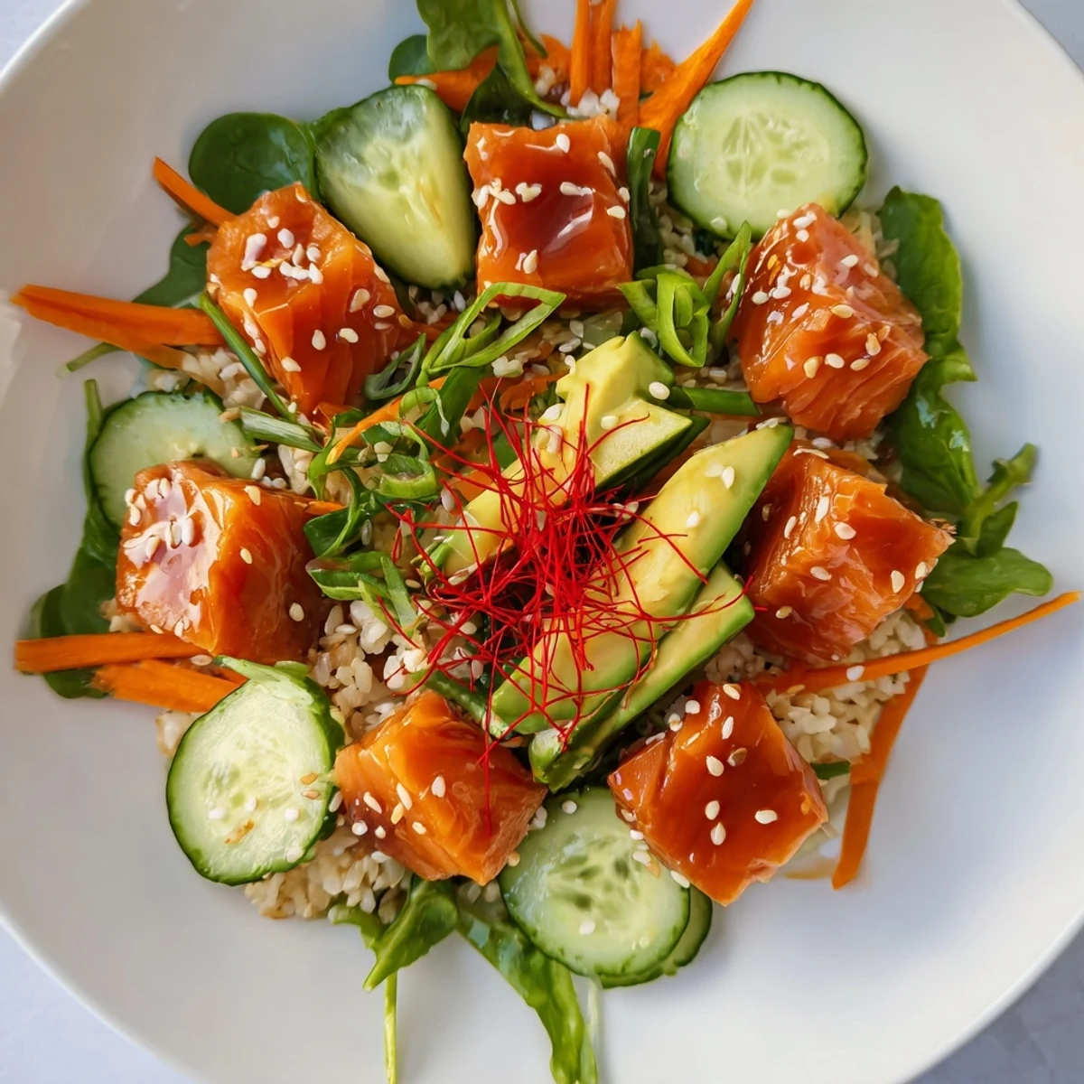 Enjoy a refreshing Poke Bowl Salad, featuring ahi tuna, greens, and a drizzle of dressing.