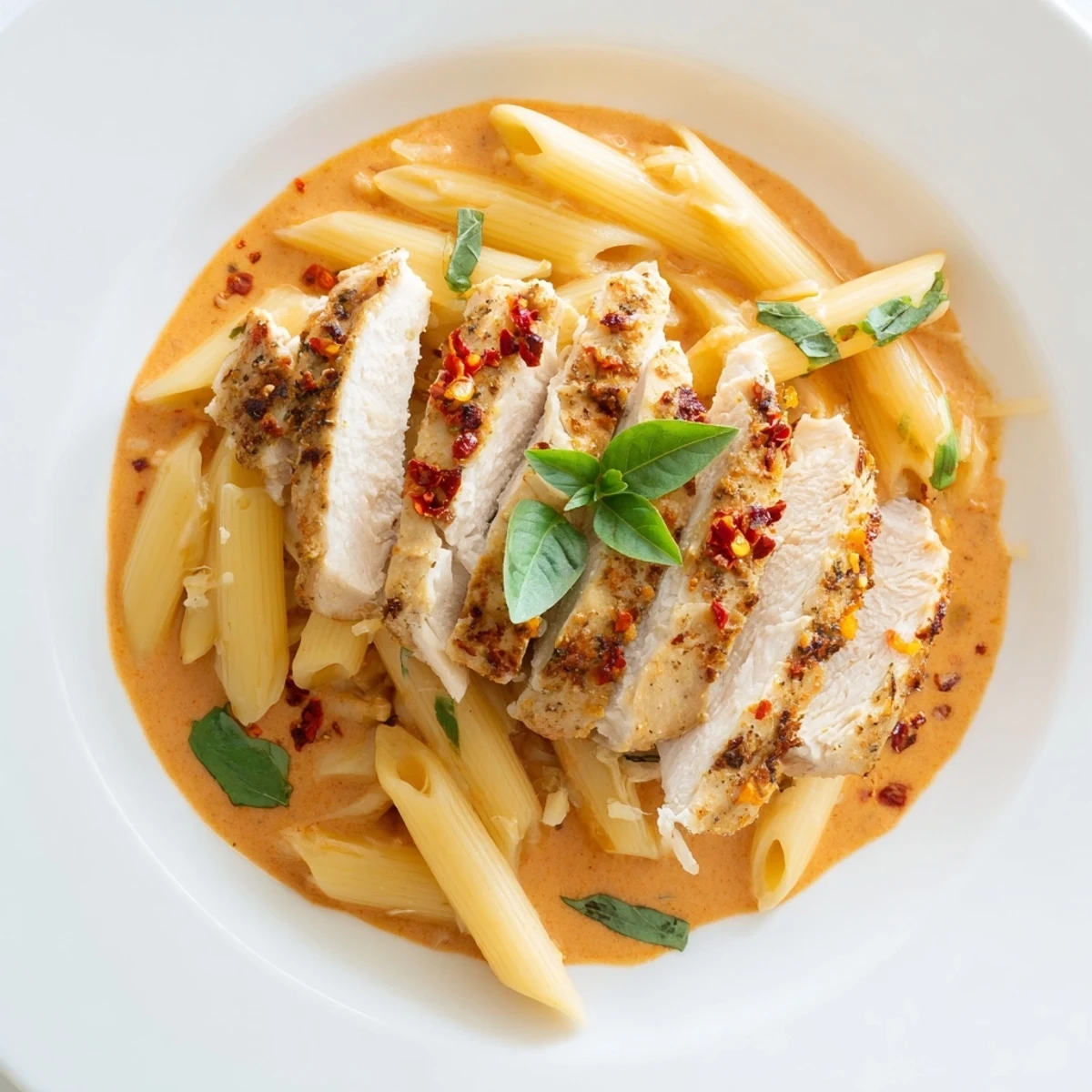 Golden chicken and penne swimming in a rich tomato-basil cream sauce: Creamy Tomato Basil Chicken Pasta.