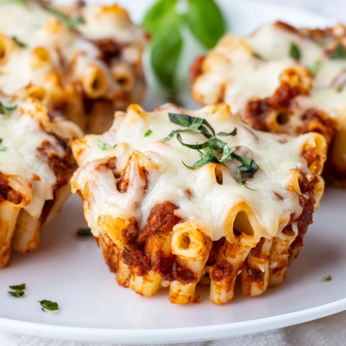 A close-up shot of individual Baked Ziti Cups, showing layers of pasta and creamy cheese.