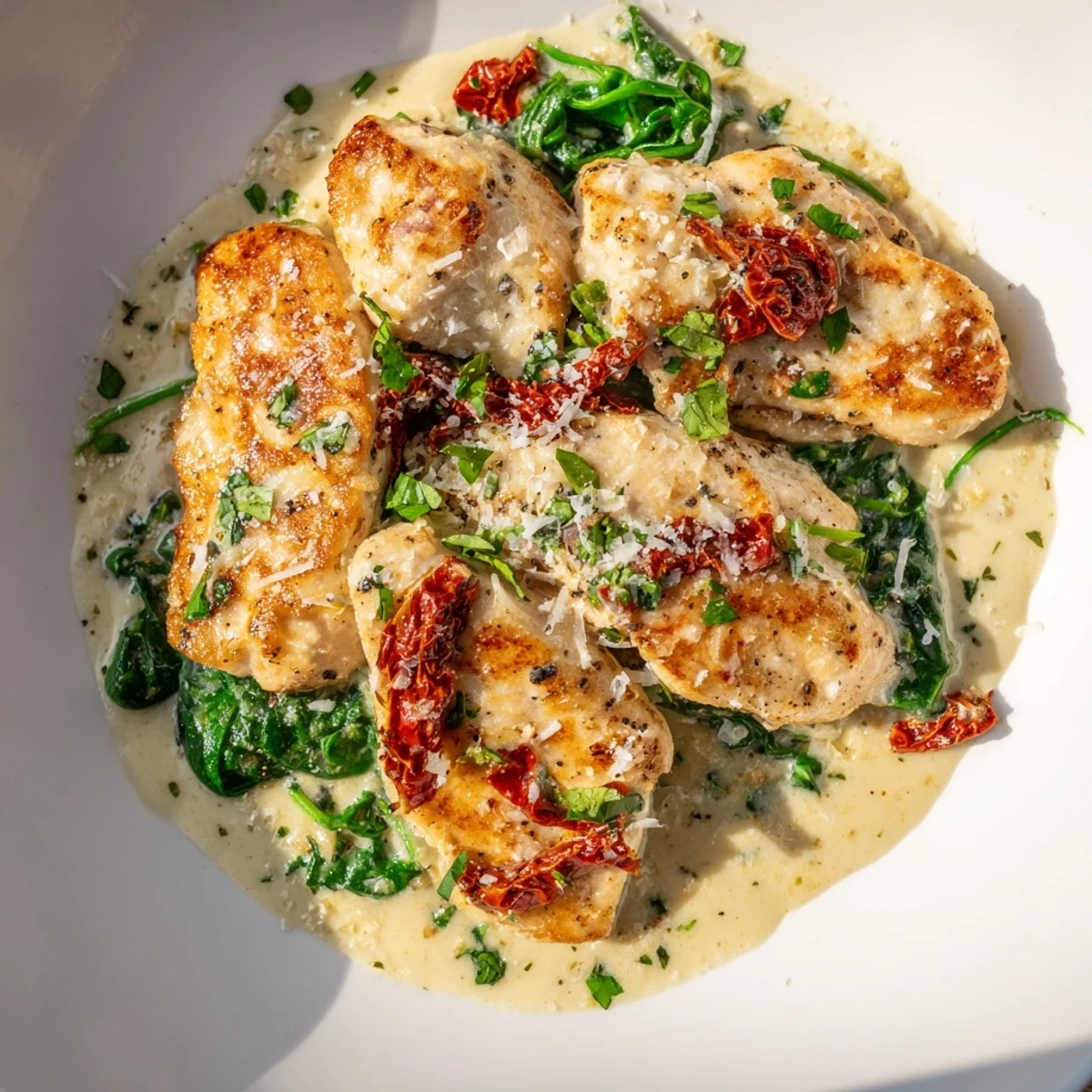 Golden seared Creamy Tuscan Chicken breasts swimming in a rich, creamy, and flavorful sauce.