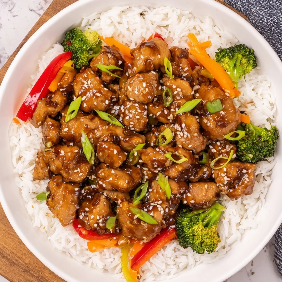 A close-up view displays glistening, savory teriyaki chicken with vibrant vegetables over rice.