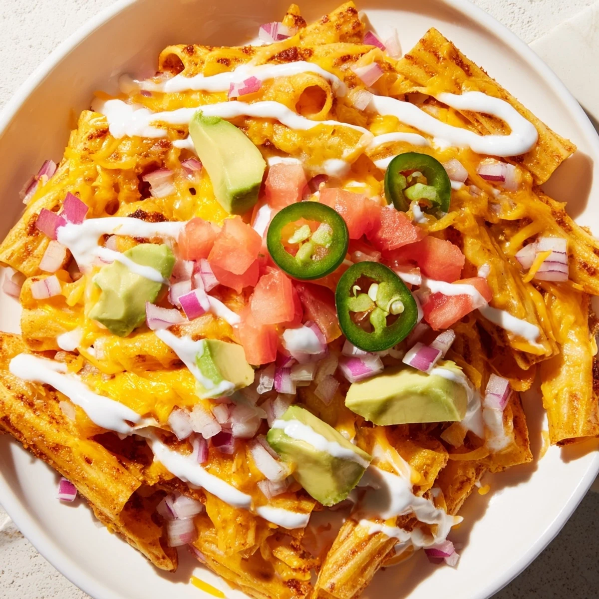 Crispy golden Pasta Chips Nachos loaded with melted cheese, fresh toppings, and a creamy sauce.