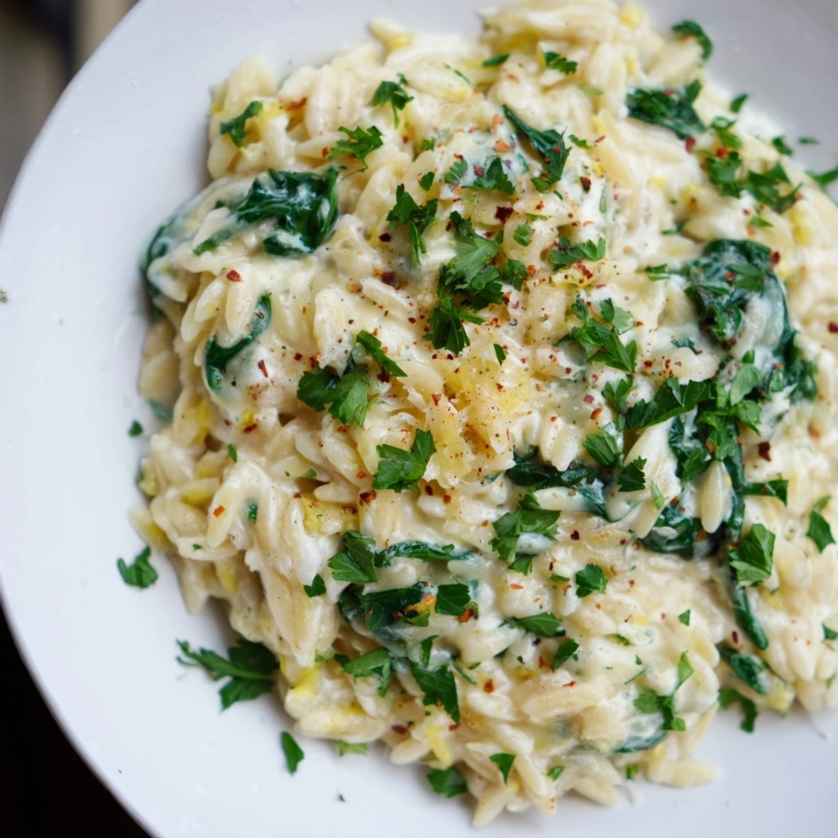 A close-up of One-Pot Creamy Orzo, a rich, comforting pasta dish with spinach and Parmesan.