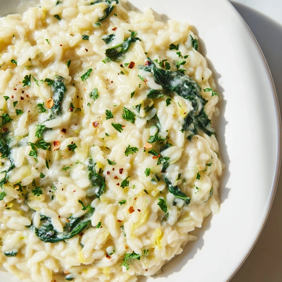 Golden-brown, bubbly One-Pot Creamy Orzo with spinach; ready to serve for a quick weeknight dinner.