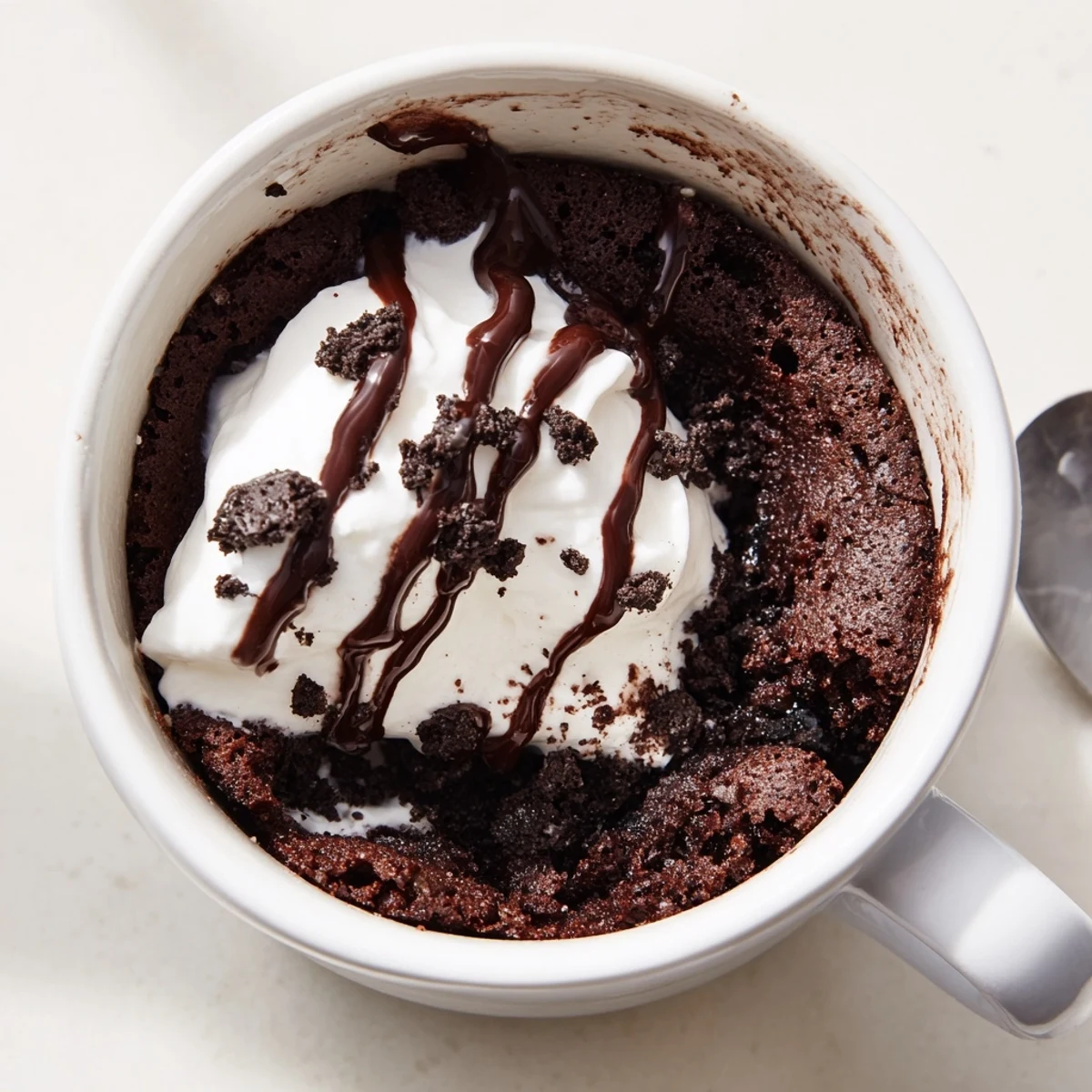 Fluffy and golden, this easy Oreo mug cake appears perfect with some cookie crumbles.