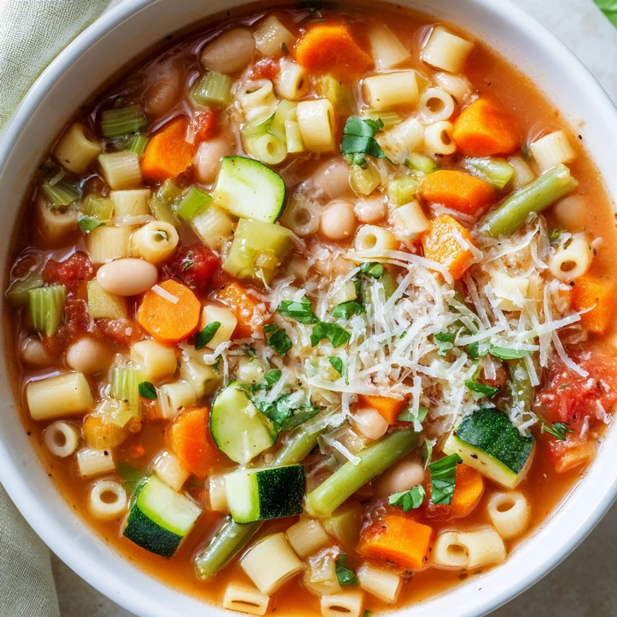 Steaming Tomato Basil Minestrone soup, a comforting Italian classic with fresh basil garnish.