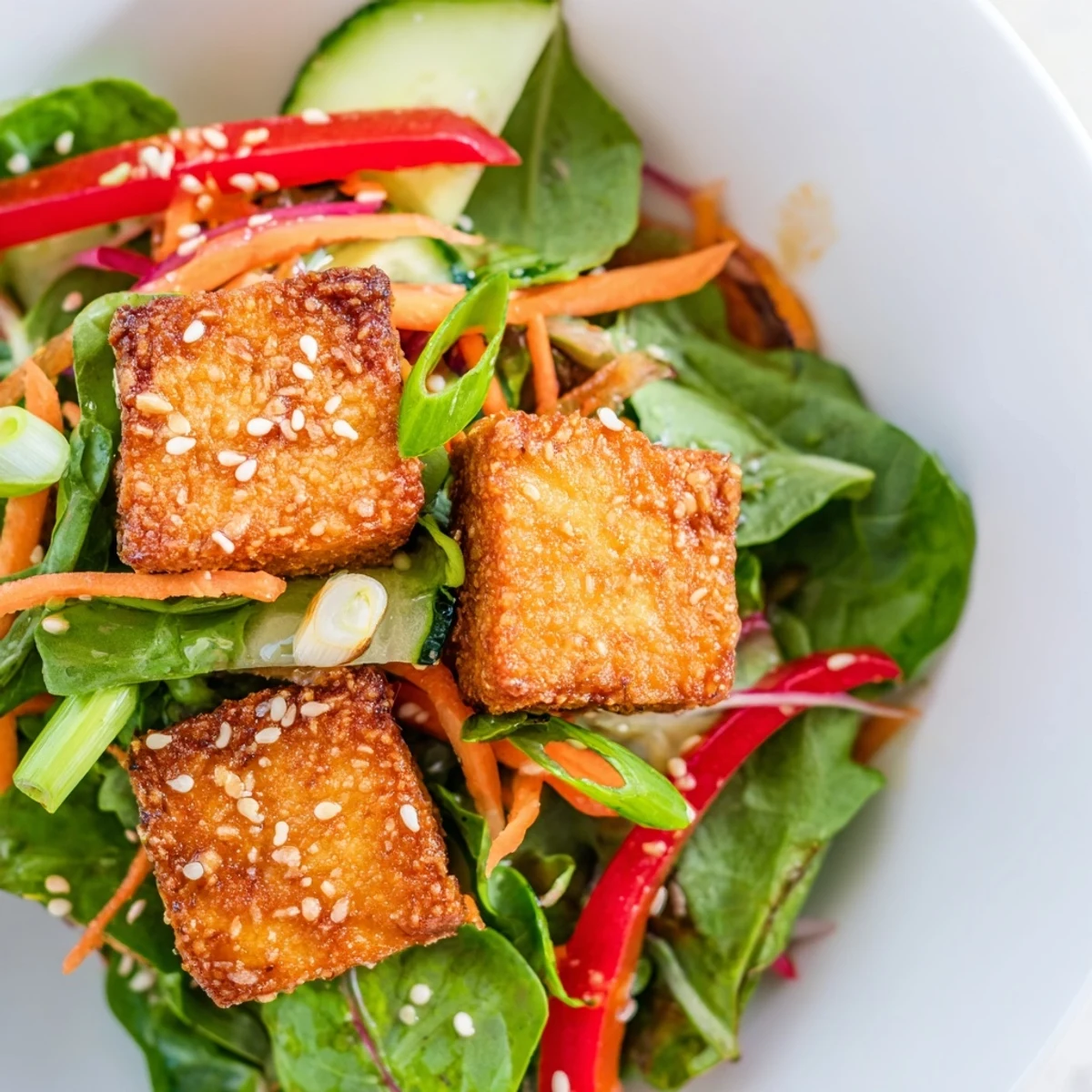 Imagine the textures: crunchy tofu pieces atop a refreshing Crispy Tofu Salad.