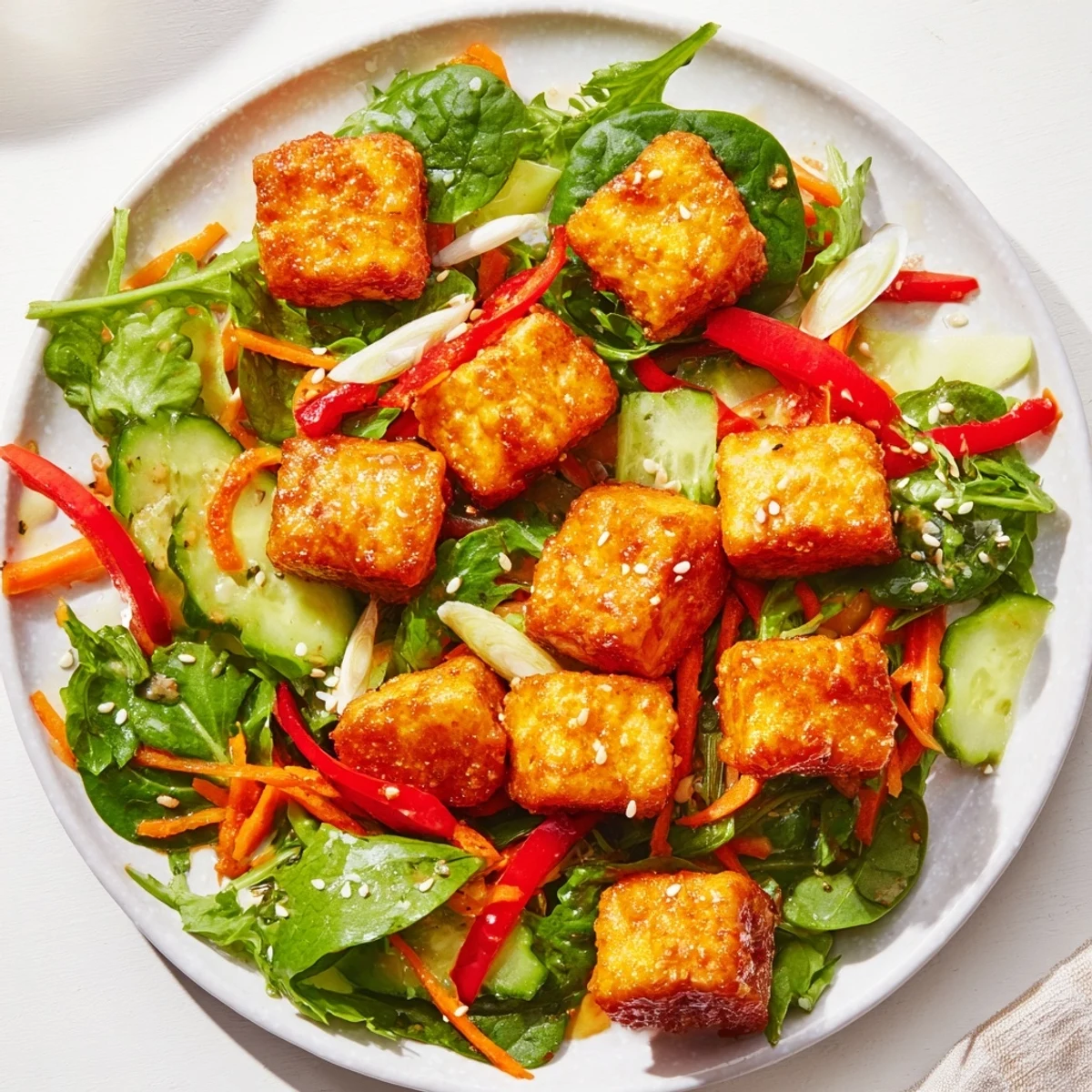 Golden, crispy tofu salad, a vibrant dish with fresh greens and a savory dressing.