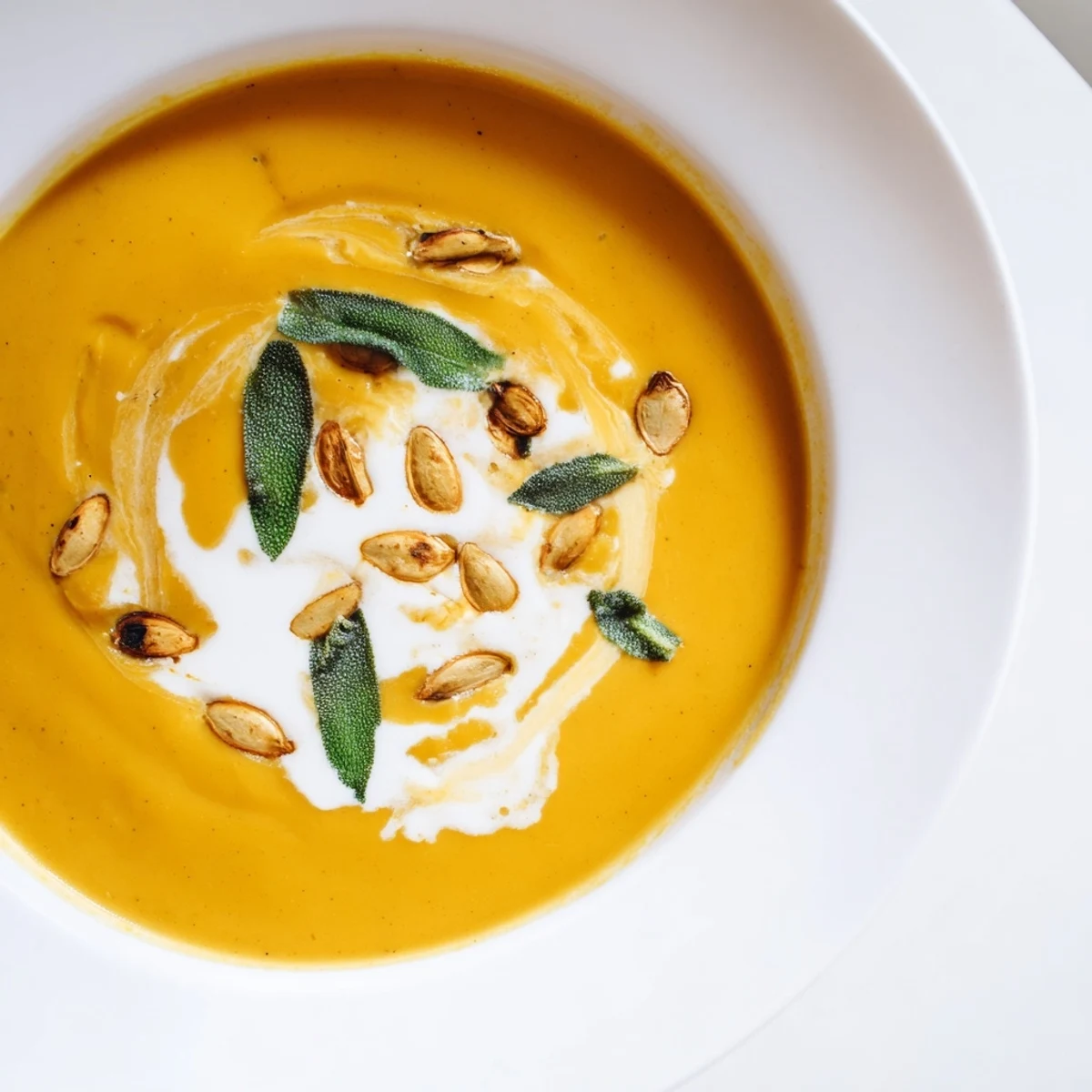 Golden, creamy butternut squash soup, garnished with sage, offering a warm and inviting taste.