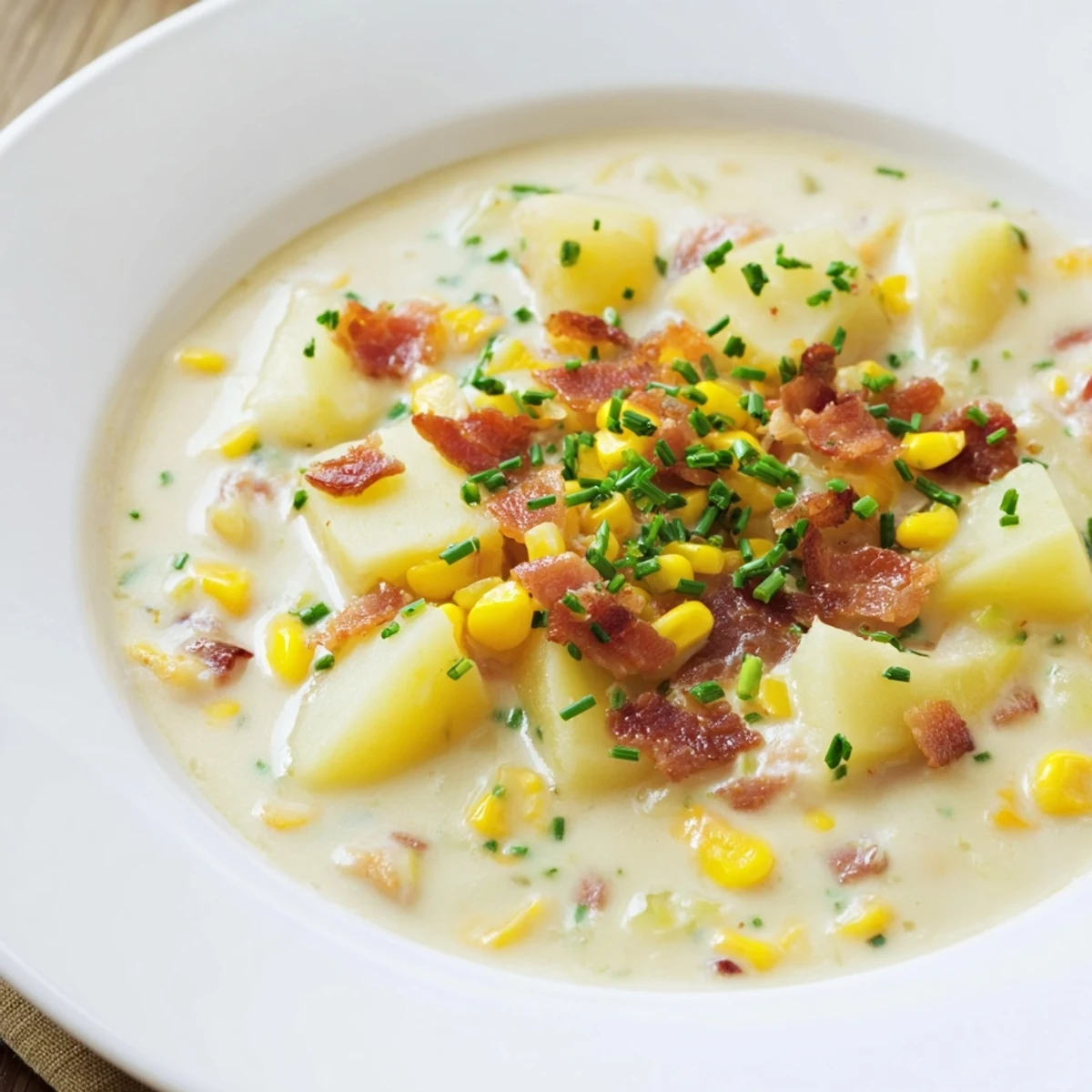 A close-up view of creamy corn chowder soup, showcasing tender potatoes and sweet corn kernels in a bowl.