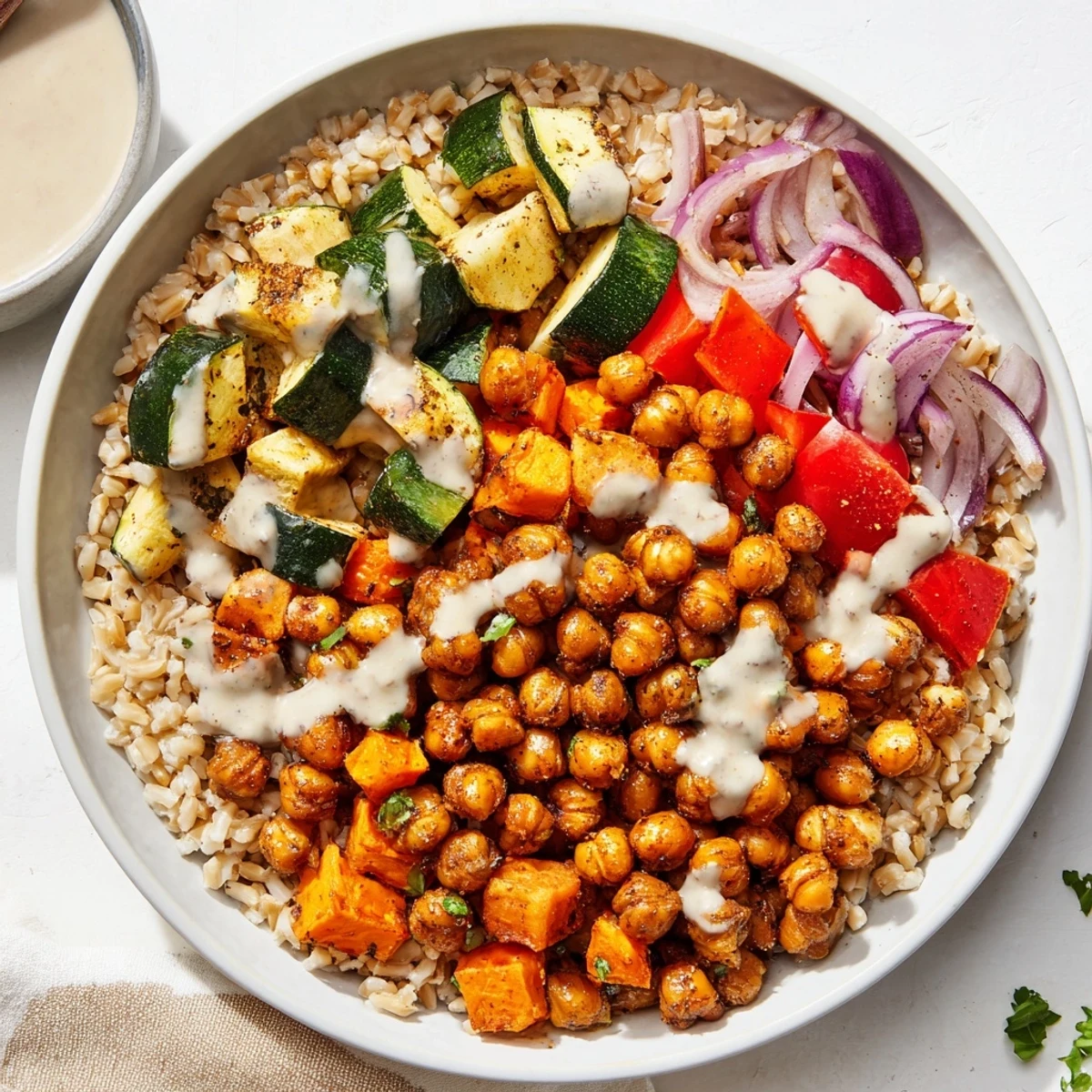 Crispy roasted chickpeas and colorful vegetables star in this vibrant Roasted Chickpea Buddha Bowl.
