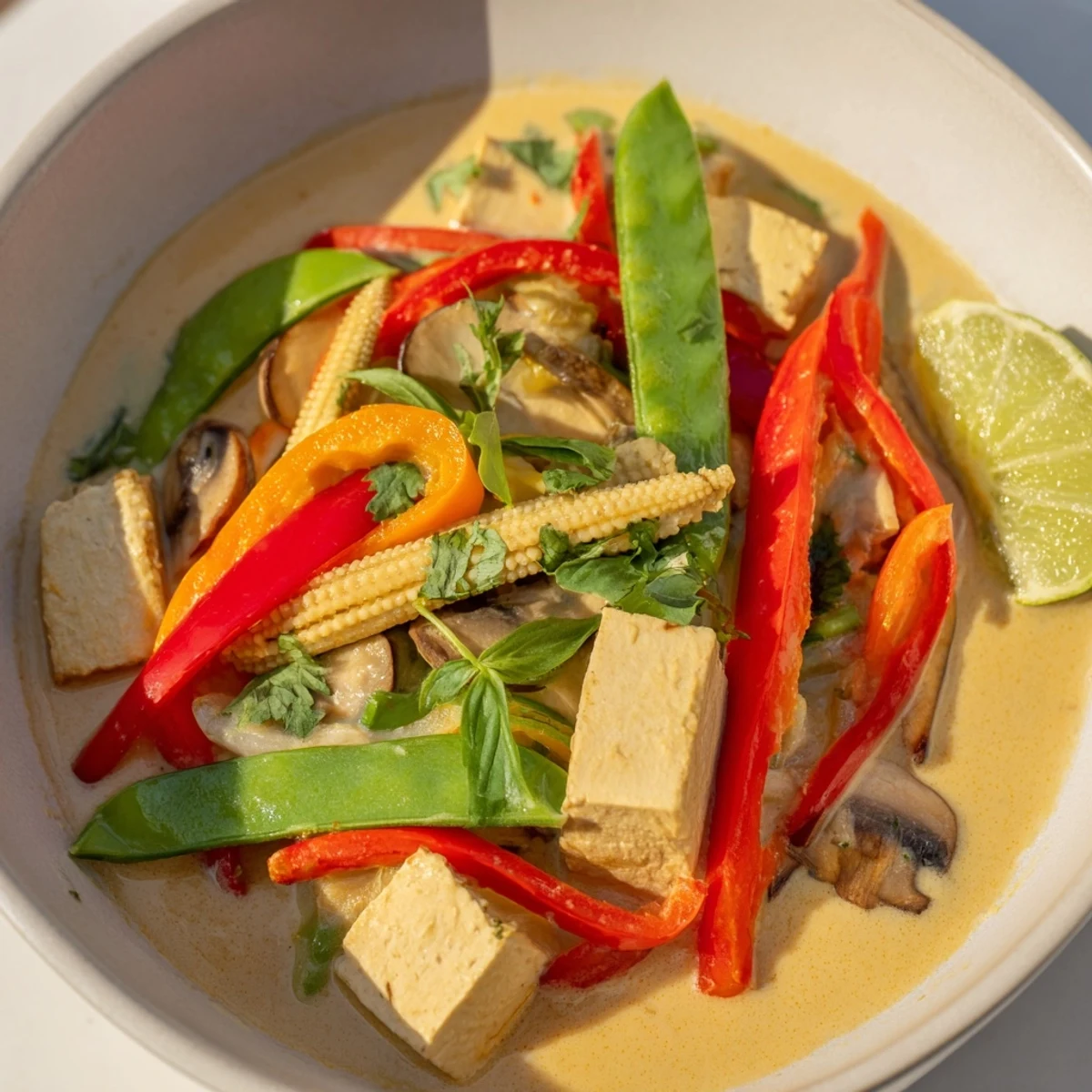 Enjoy the comforting Thai Green Curry Coconut Soup; a fragrant, rich medley with fresh Thai basil topping.