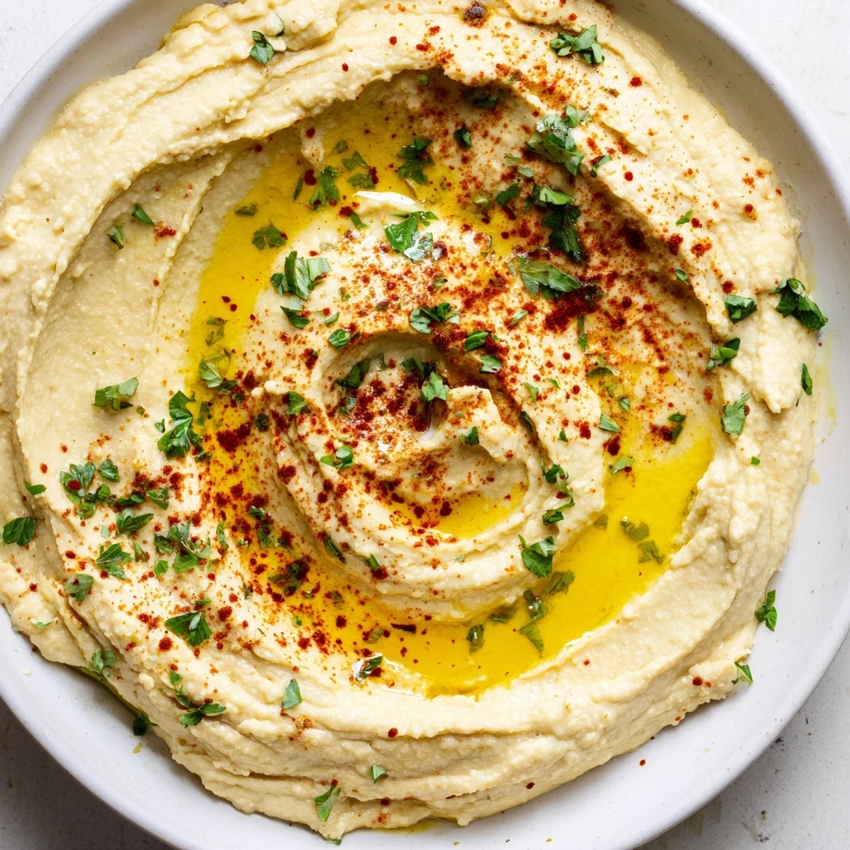 Creamy Levantine hummus plate drizzled with olive oil and paprika, ready to be scooped with pita bread.