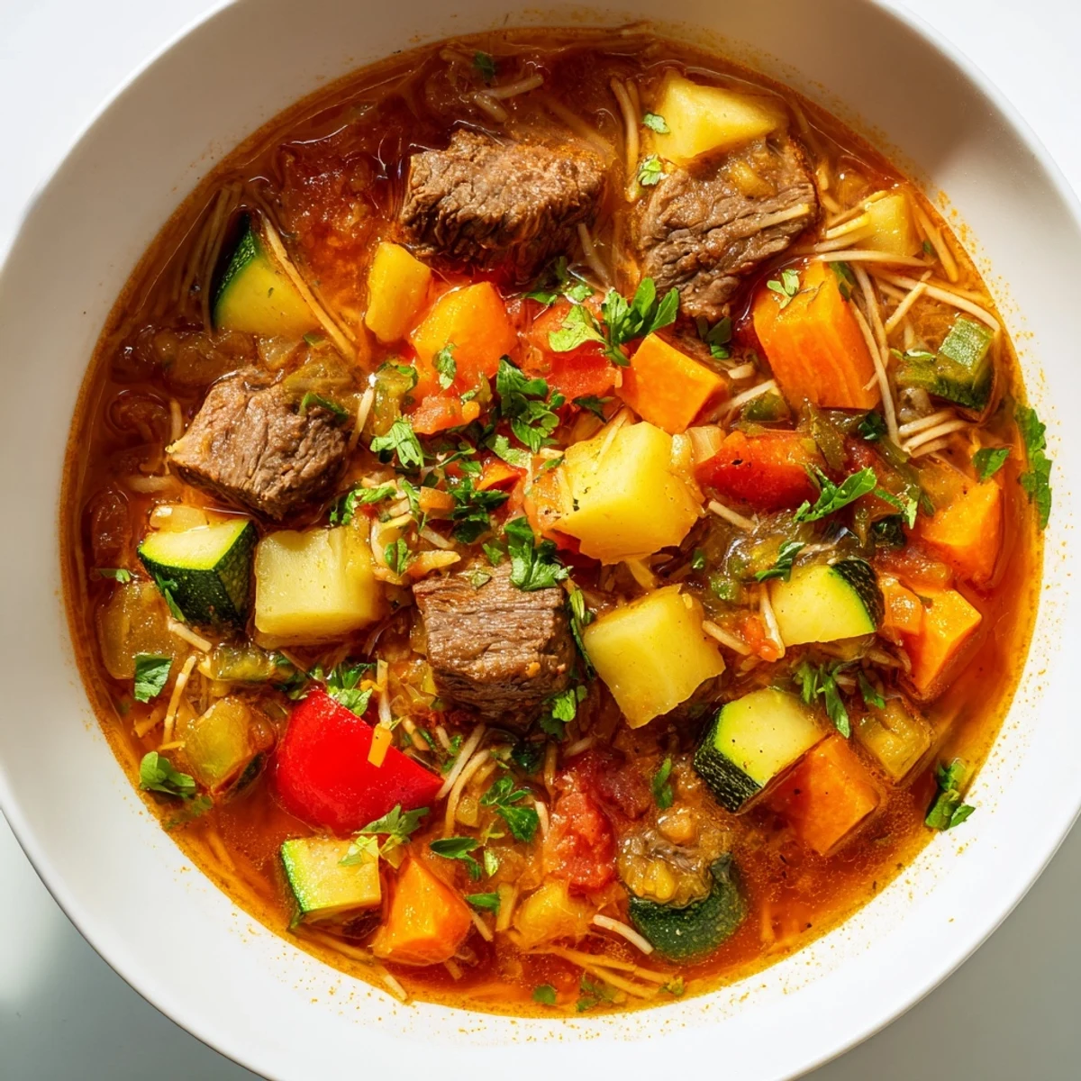 Fragrant Algerian Chorba, a hearty soup with warming spices and chunks of savory lamb.