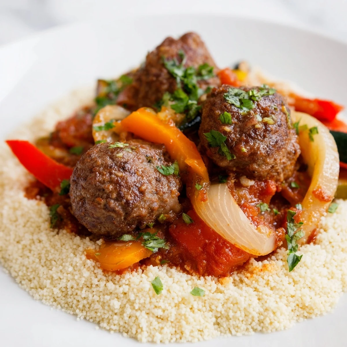 A vibrant plating of North African Couscous Kefta features a hearty stew of meatballs and vegetables.