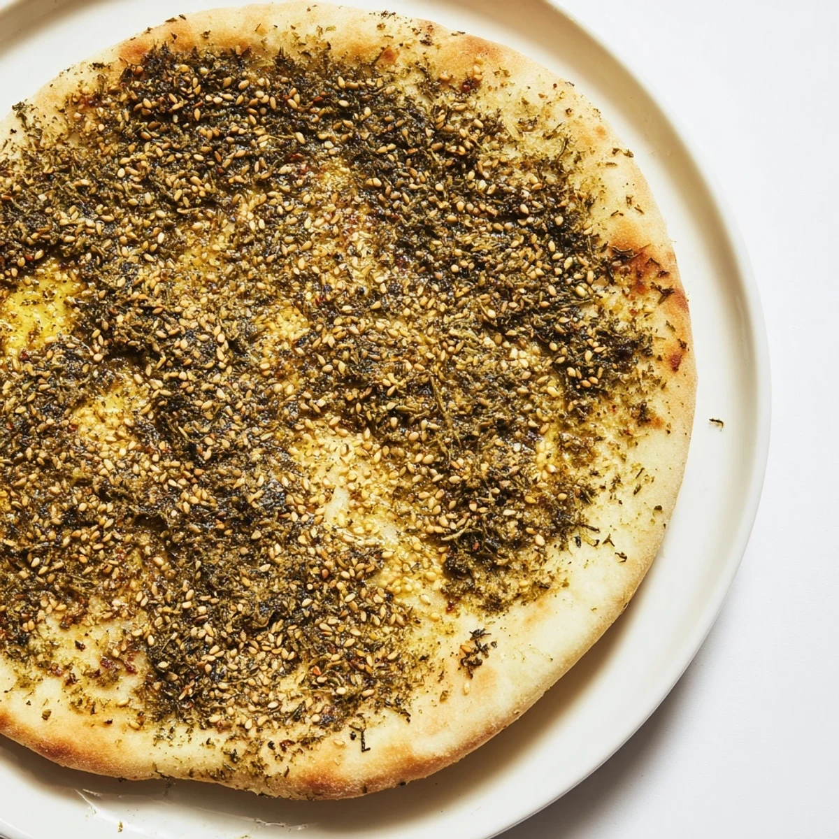 Golden and crispy, freshly baked Levantine Zaatar Bread boasts aromatic zaatar and sesame seeds.