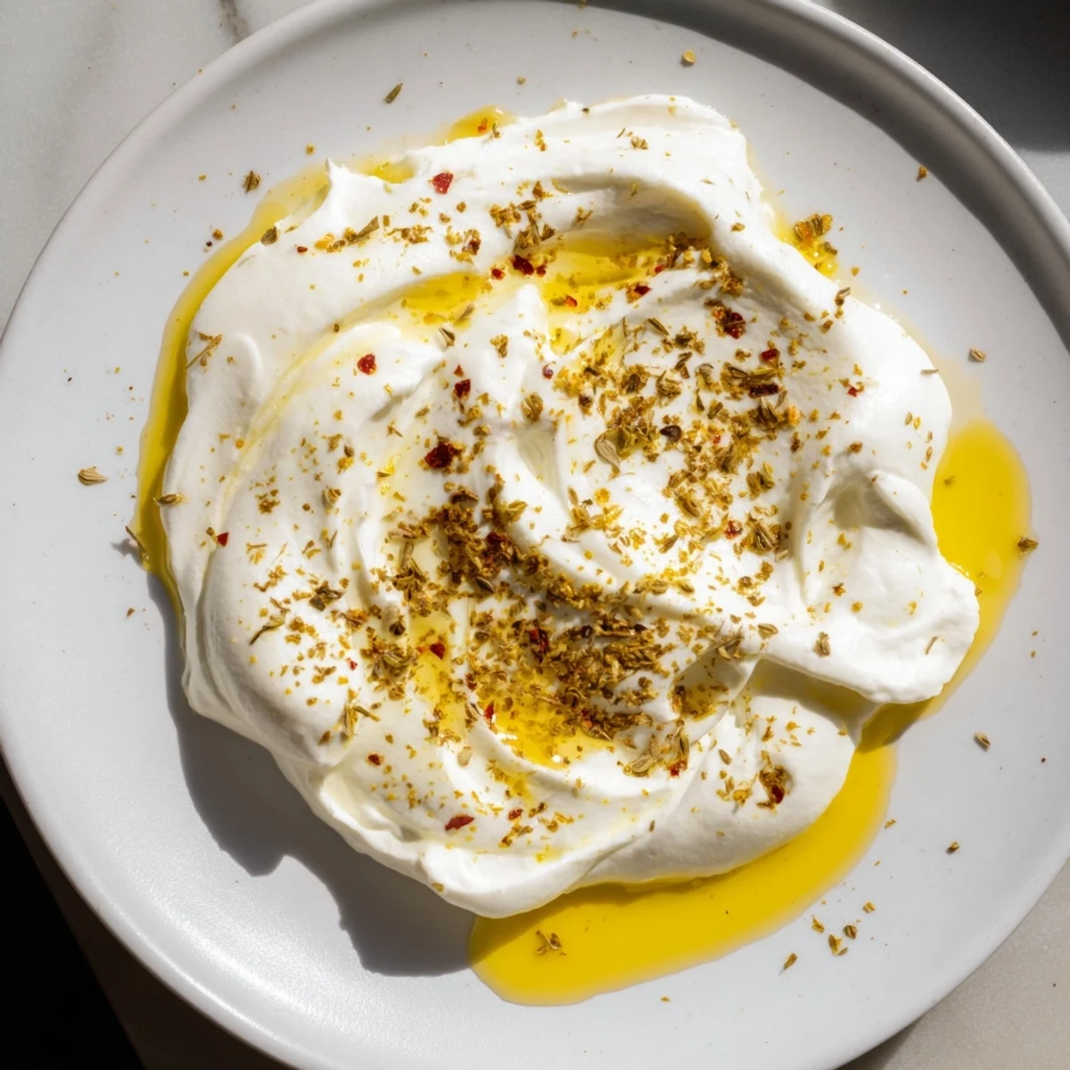 A close-up of creamy Levantine labneh cheese drizzled with olive oil, ready to be enjoyed.