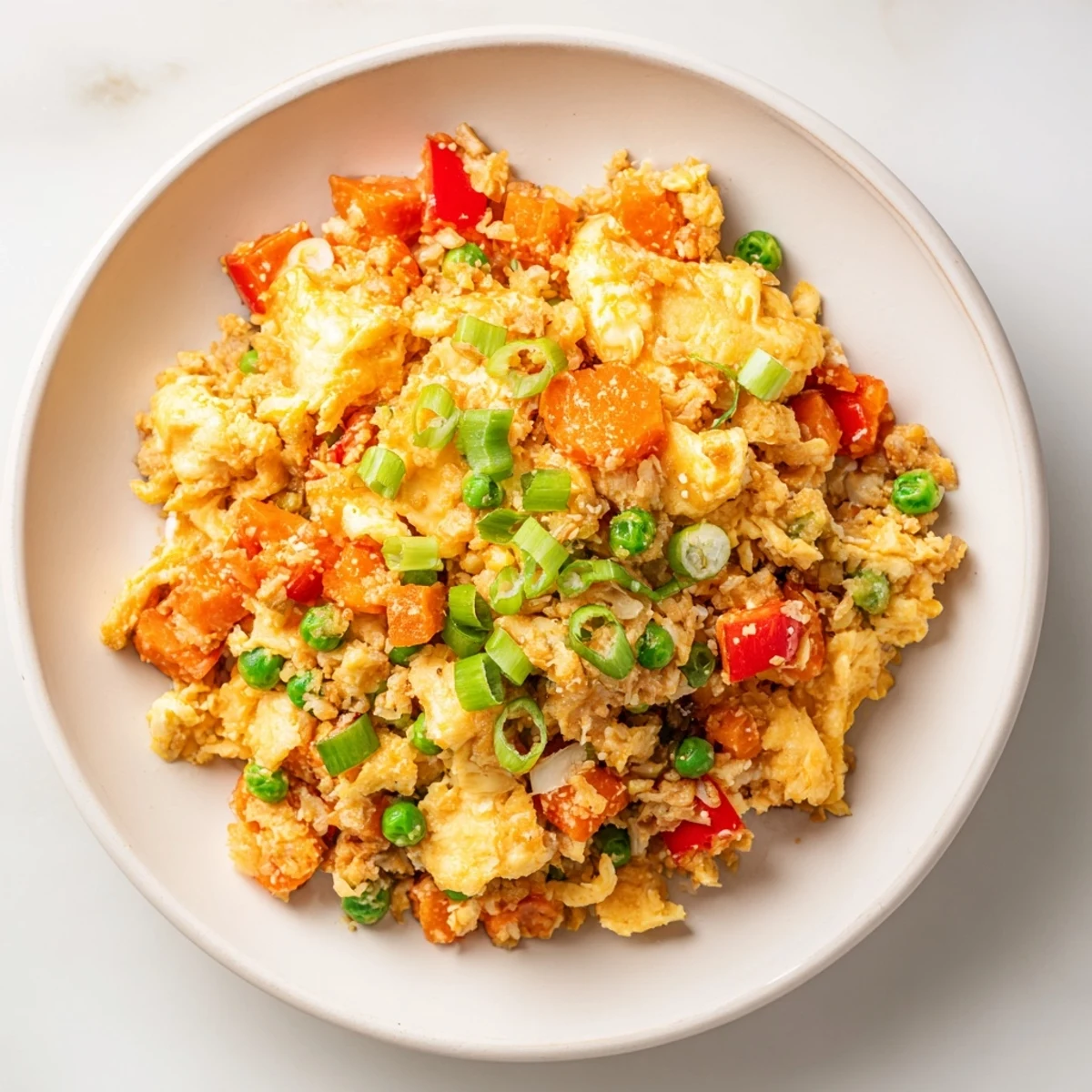 This vibrant photo showcases perfectly cooked Egg Fried Rice, a quick and satisfying dinner with fresh scallions.
