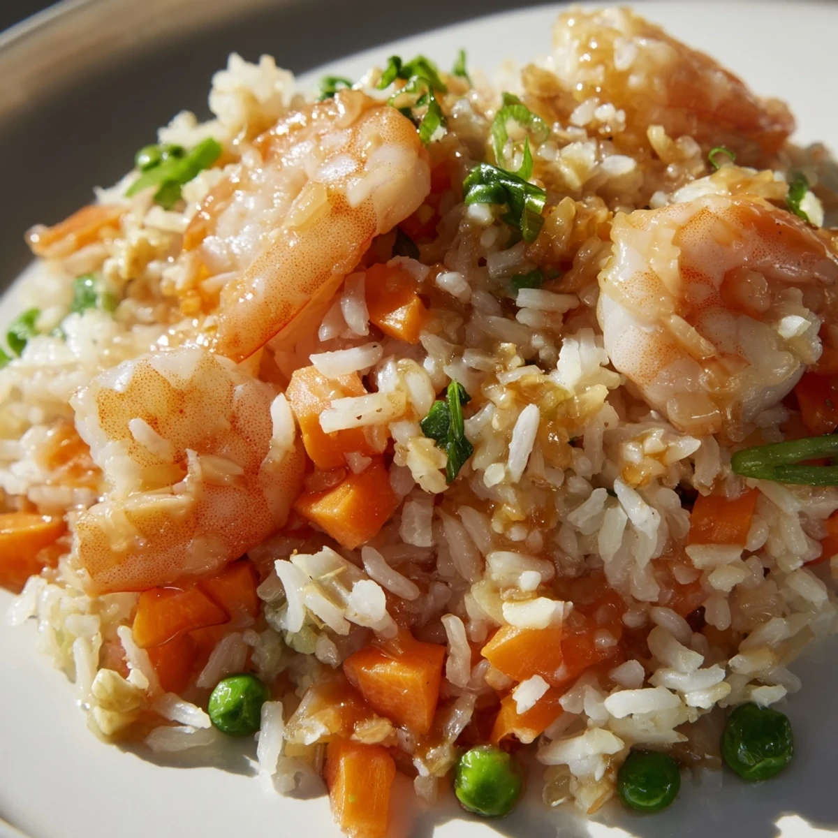 Golden-brown shrimp garlic fried rice, a quick and easy weeknight meal with peas and carrots.