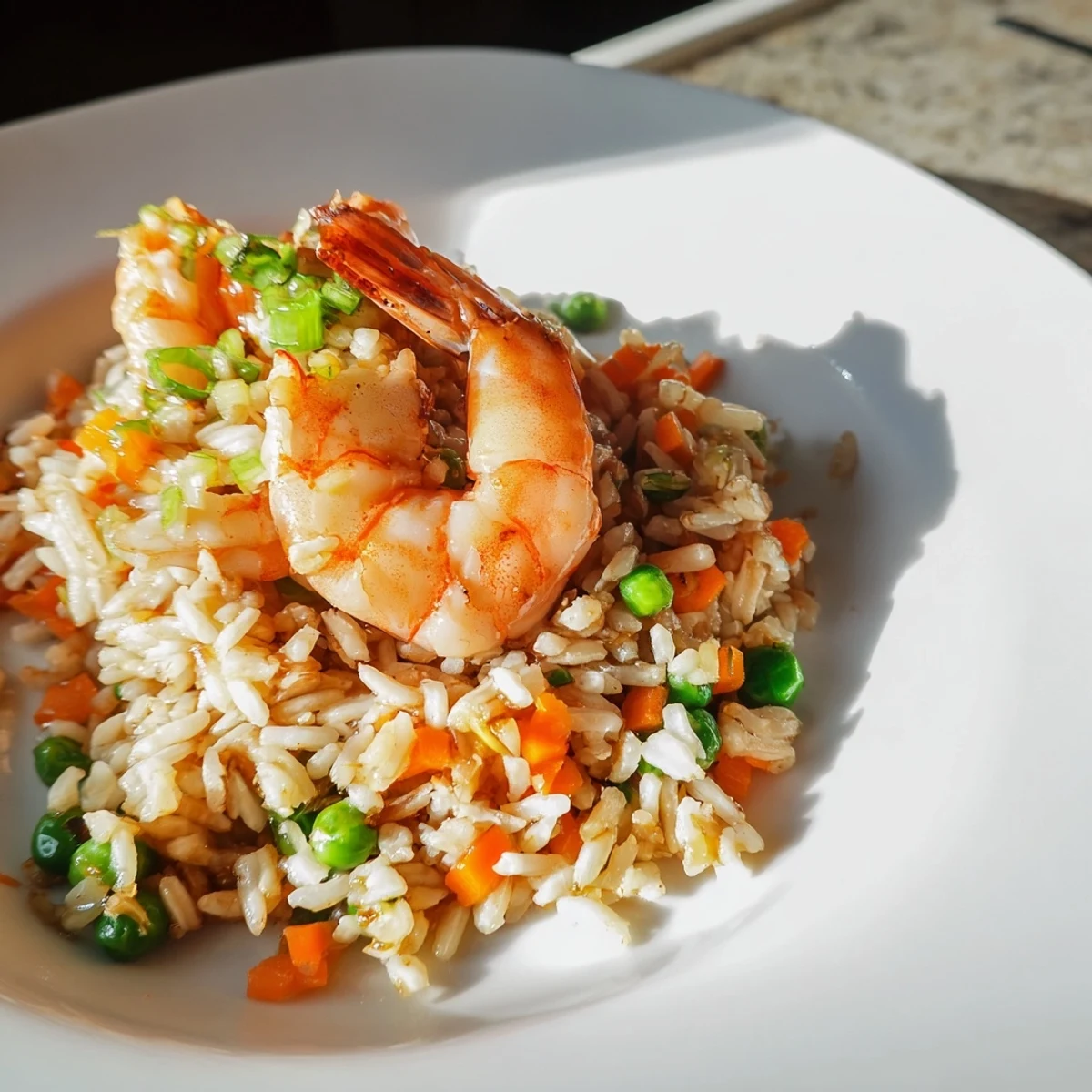Steaming plate of delicious shrimp garlic fried rice, featuring perfectly cooked shrimp and fluffy rice.