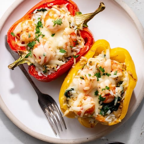 Close-up of Shrimp Alfredo Stuffed Bell Peppers, golden mozzarella bubbling atop colorful baked peppers.