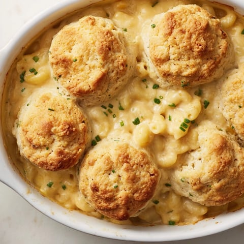 Golden Mac and Cheese Chive Biscuit Bake, bubbling hot, straight from the oven.