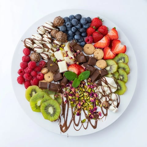 Sweet Dessert Decadence dessert board with colorful fruits, chocolates, and drizzles of white and dark chocolate.