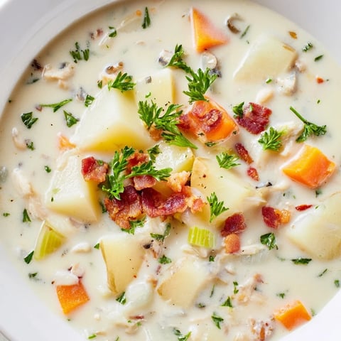 A steaming bowl of New England Clam Chowder, creamy and packed with clams and potatoes.