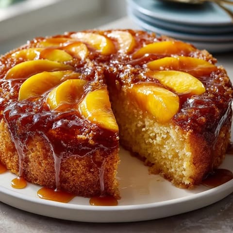 A warm slice of Ginger Peach Upside-Down Cake with juicy peach slices, perfect for dessert.
