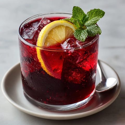 The ruby red color of the Spiced Ginger Hibiscus Iced Tea beckons, topped with fresh mint and citrus.