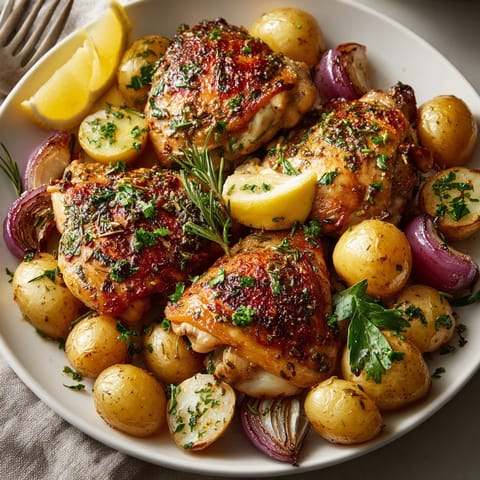 Juicy Lemon Herb Chicken and Potatoes served with vibrant herbs, perfect for a delicious weeknight dinner.