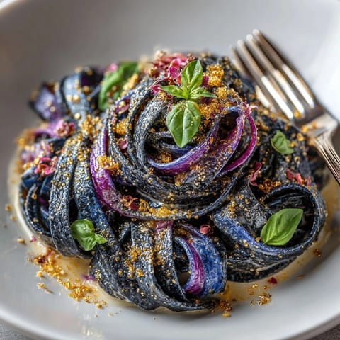 Swirly, colorful galaxy pasta recipe, served with creamy sauce and edible gold dust for impact.