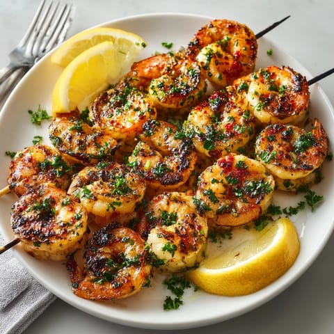 Plump garlic butter shrimp skewers arranged on a platter, garnished with parsley and fresh lemon wedges.