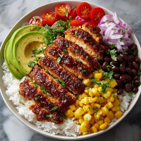 Close-up of honey chipotle chicken rice bowls with smoky glazed chicken and colorful veggie toppings.