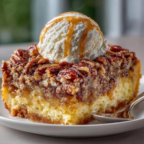 Warm pecan pie dump cake served in a dish, topped with melting vanilla ice cream.