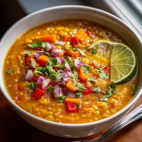 Close-up of vibrant Thai Yellow Curry Lentil Soup with red lentils and colorful vegetables.